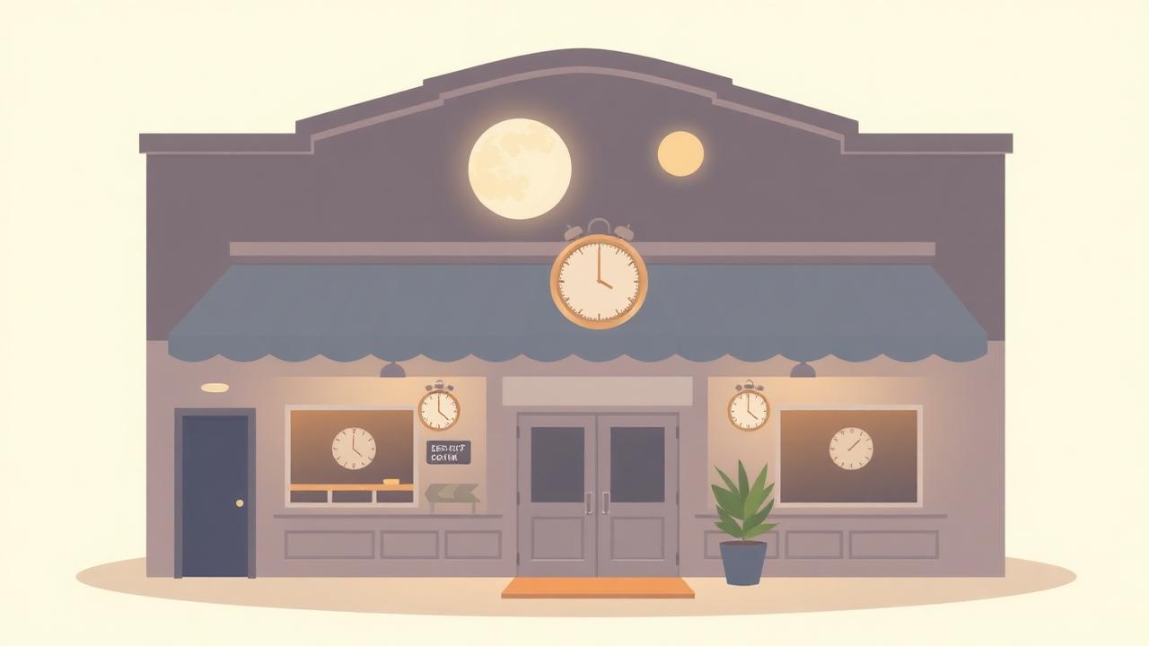 Illustration of a venue closing at night and reopening at dawn