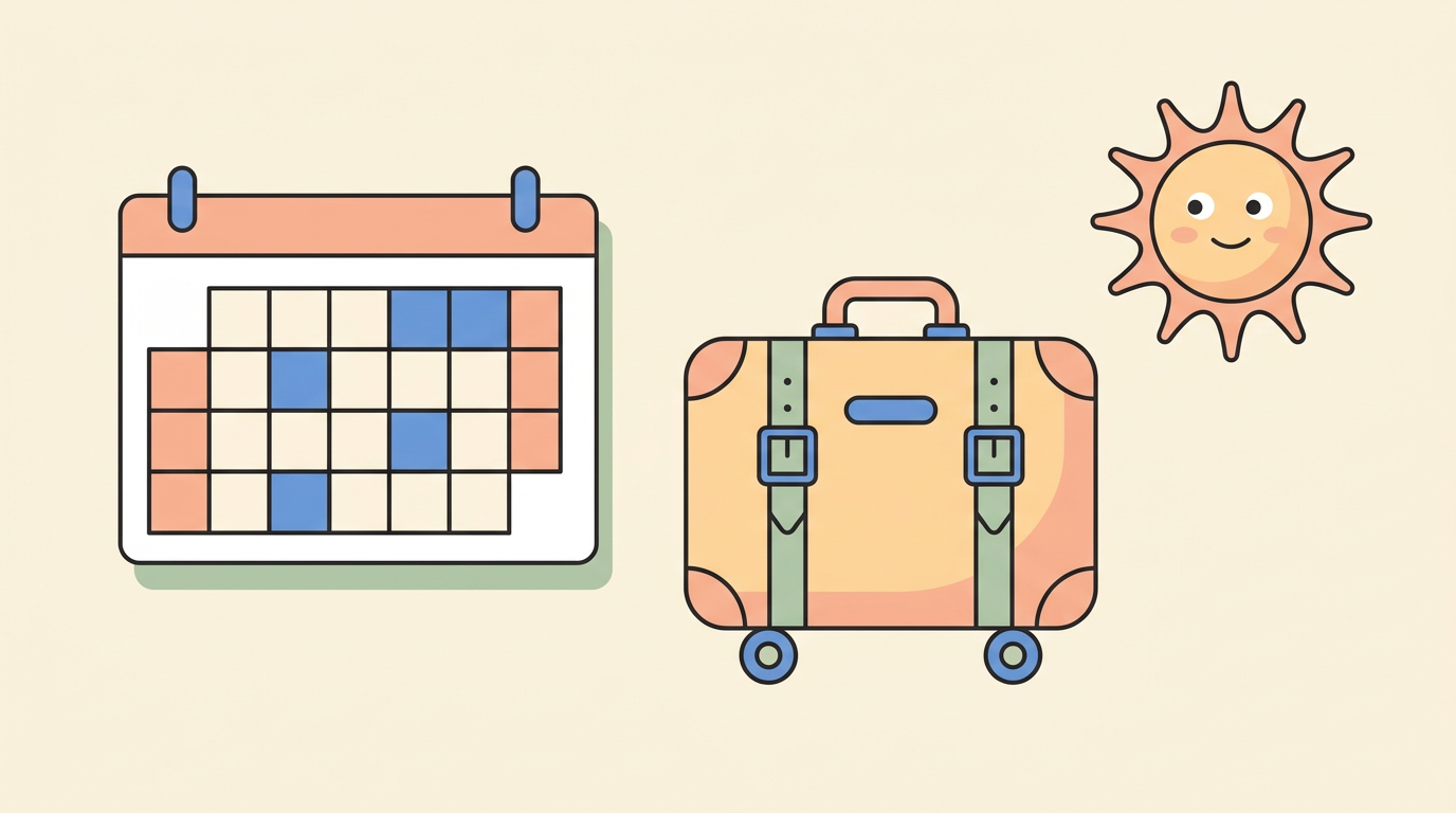 Illustration of a holiday calendar with highlighted days, a suitcase and a sun