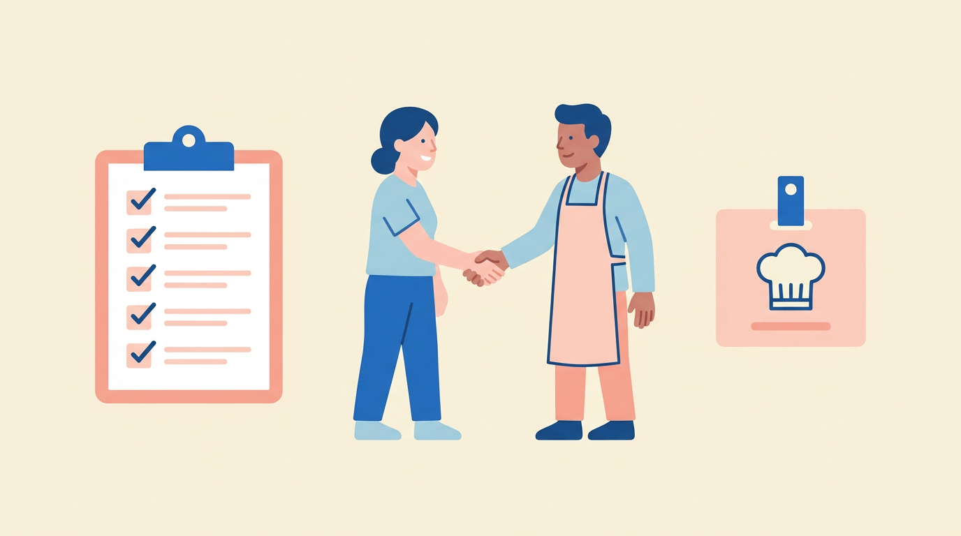 Illustration of an onboarding checklist, a welcome handshake and a chef name badge