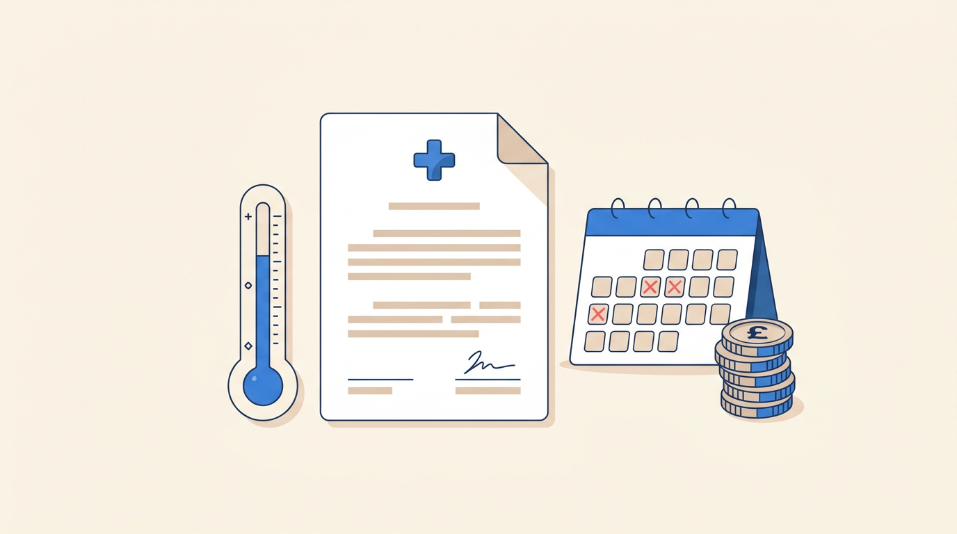 Illustration of a medical certificate, thermometer, calendar with sick days and pound coins