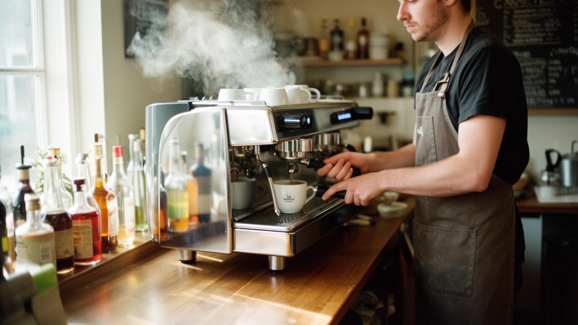 Barista pulling an espresso shot at the counter of a UK independent café