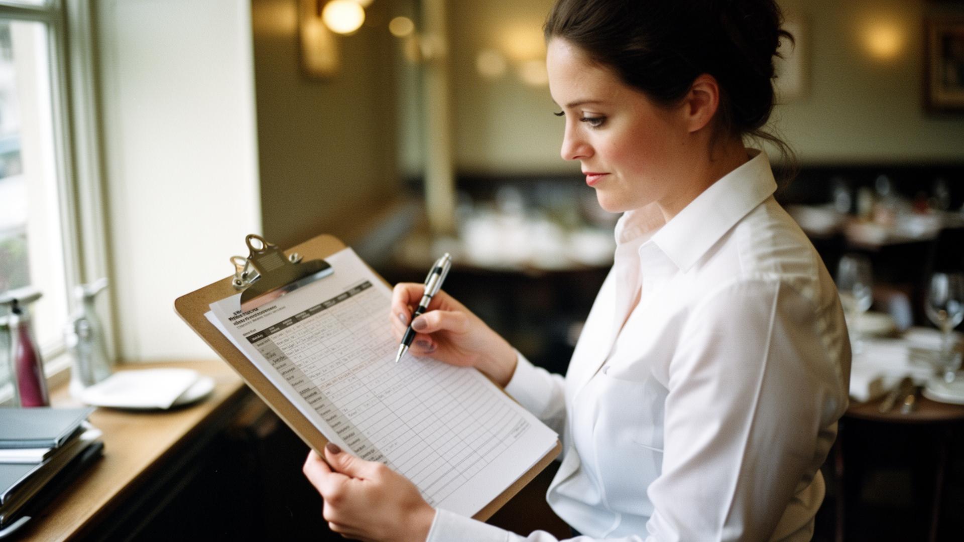UK hospitality manager reviewing a paper rota at a restaurant pass with a pen in hand