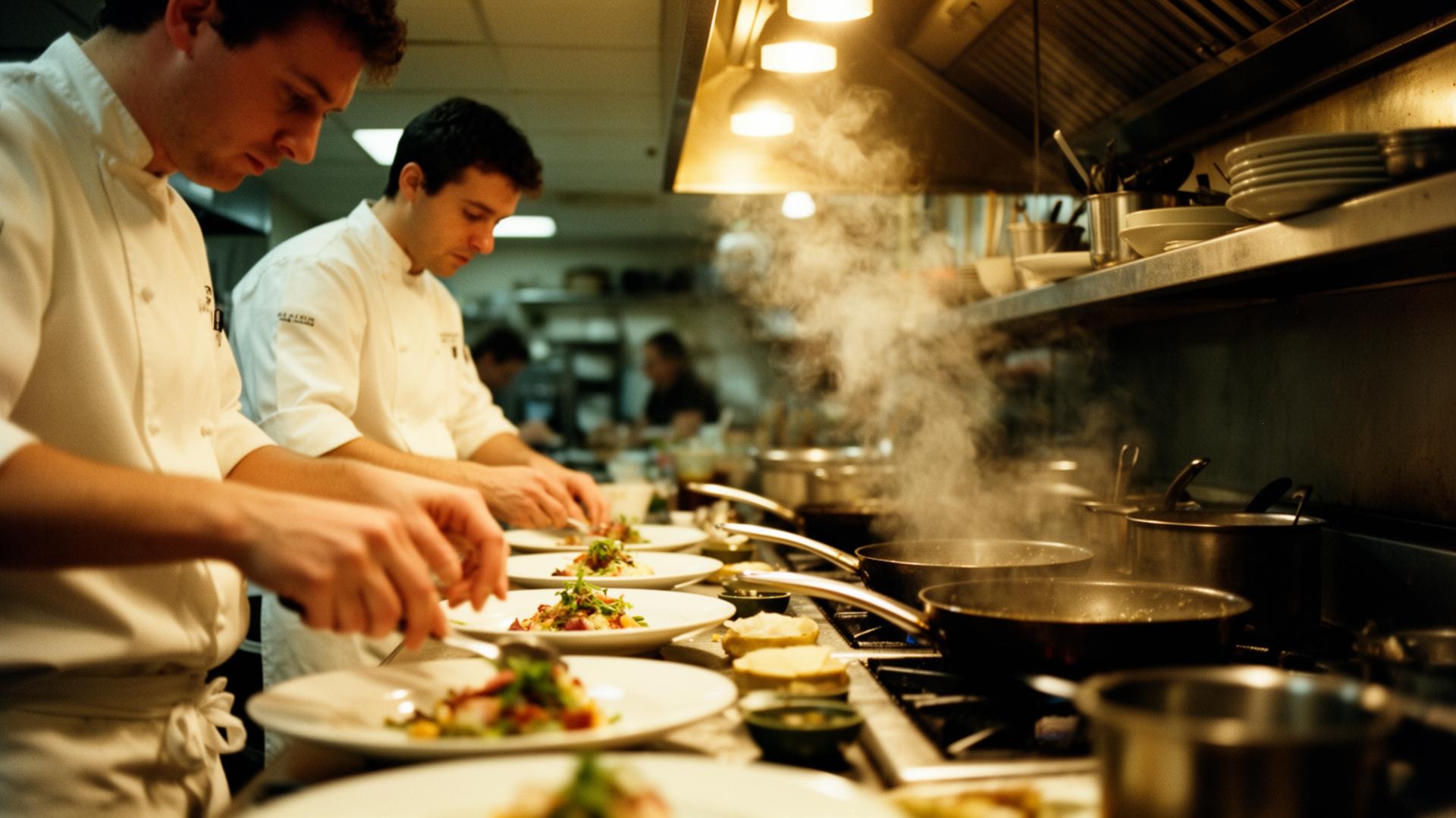 Chefs plating dishes during evening service in a busy UK restaurant kitchen