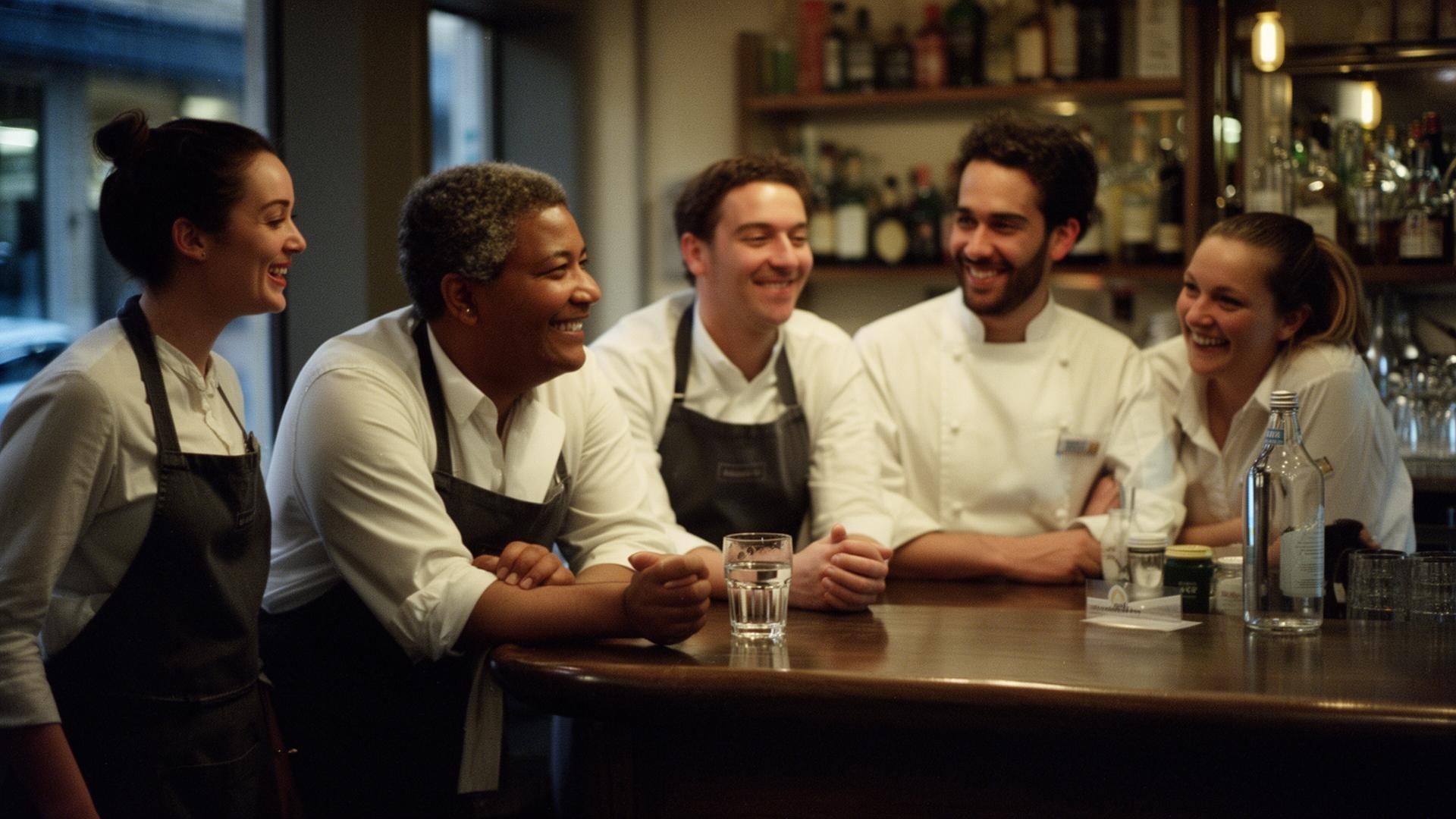 Diverse hospitality team sharing a candid laugh together after service in a UK restaurant